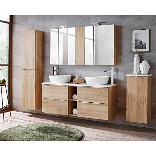 Lomadox Badmöbel Komplett-Set Wotaneiche, Waschtisch mit 2 Keramik-Waschbecken & 2 LED-Spiegelschränken, Hochschrank & Wäschesammler von Lomadox