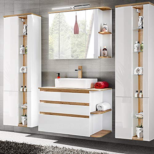 Lomadox Badmöbel Komplett-Set in Hochglanz weiß mit Wotaneiche, Waschtisch-Unterschrank mit Keramik-Waschbecken von Lomadox