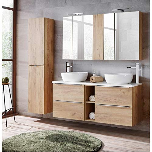 Lomadox Badmöbel Komplett-Set in Wotaneiche, Doppel-Waschtisch mit 2 Keramik-Waschbecken, 2 LED-Spiegelschränke & Hochschrank von Lomadox