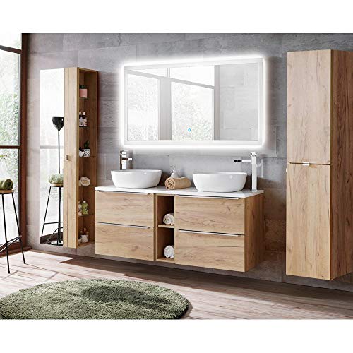 Lomadox Badmöbel Komplett-Set in Wotaneiche mit Doppel-Waschtisch inkl. 2Keramik-Waschbecken & LED-Touch-Spiegel von Lomadox
