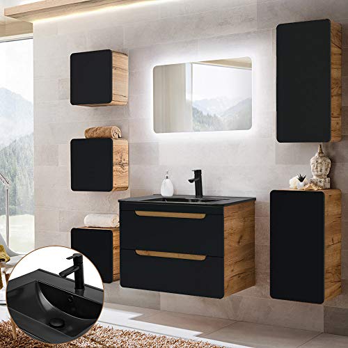 Lomadox Badmöbel Komplett-Set in seidenmatt dunkel anthrazit mit Wotan Eiche Nb., 81 cm Waschtisch-Unterschrank mit Keramik-Waschbecken, LED-Spiegel, Unterschrank, 4 Hängeschranke Lomadox Badmöbel Komplett-Set in seidenmatt dunkel anthrazit mit Wotan Eiche Nb., 81 cm Waschtisch-Unterschrank mit Keramik-Waschbecken, LED-Spiegel, Unterschrank, 4 Hängeschranke von Lomadox