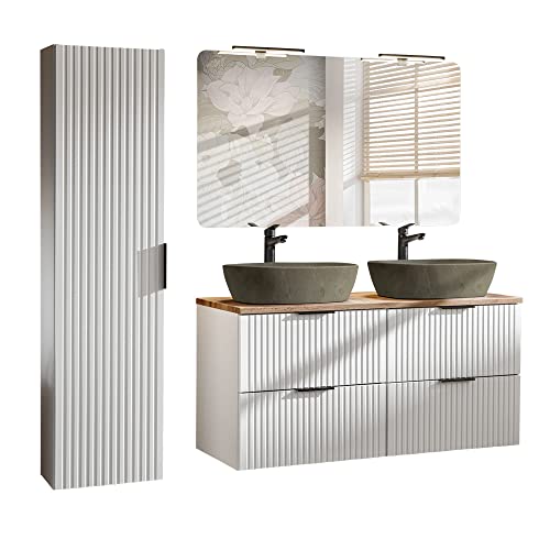 Lomadox Badmöbel Komplett Set matt weiß gerillt mit Eiche, 120 cm Doppel Waschtisch-Unterschrank mit 2 Keramik-Waschbecken, Spiegel mit LED-Beleuchtung, Hochschrank von Lomadox