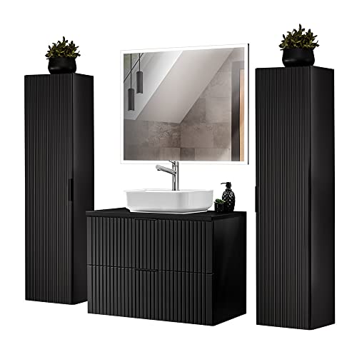 Lomadox Badmöbel Komplett Set mit 2 Hochschränken, Keramik Aufsatzbecken und rechteckigem LED Spiegel, matt schwarz mit gerillter Front, B/H/T ca. 180/200/46,5 cm Lomadox Badmöbel Komplett Set mit 2 Hochschränken, Keramik Aufsatzbecken und rechteckigem LED Spiegel, matt schwarz mit gerillter Front, B/H/T ca. 180/200/46,5 cm von Lomadox