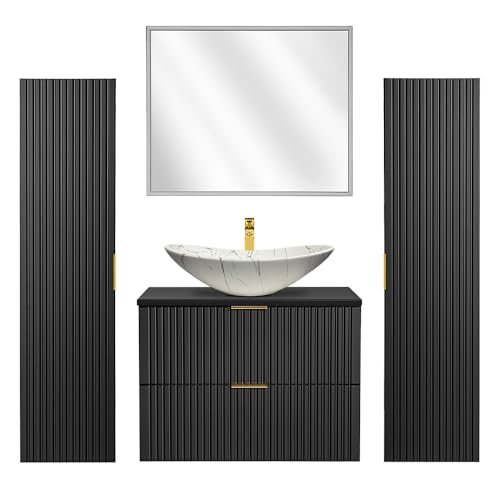 Lomadox Badmöbel Komplett Set mit Keramik Waschbecken schwarz marmoriert, LED-Spiegel, matt schwarz gerillt, B/H/T ca. 180/200/46,5 cm von Lomadox