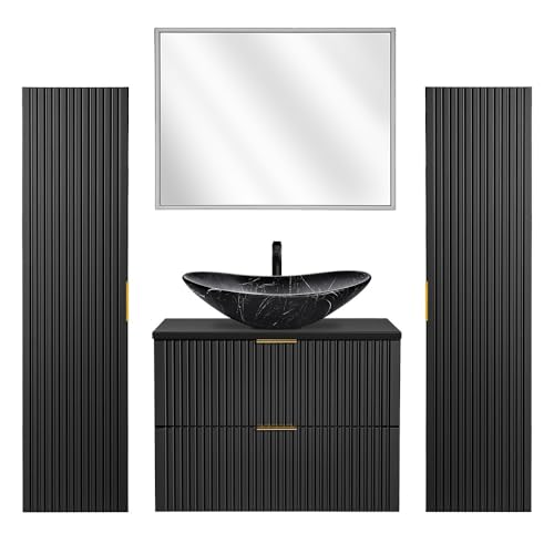 Lomadox Badmöbel Komplett Set mit Keramik Waschbecken schwarz marmoriert, LED-Spiegel, matt schwarz gerillt, B/H/T ca. 180/200/46,5 cm Lomadox Badmöbel Komplett Set mit Keramik Waschbecken schwarz marmoriert, LED-Spiegel, matt schwarz gerillt, B/H/T ca. 180/200/46,5 cm von Lomadox