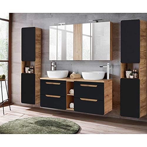 Lomadox Badmöbel Komplett Set seidenmatt anthrazit mit Wotan Eiche Nb., 140 cm Waschtisch-Unterschrank mit 2 Keramik-Waschbecken, LED-Spiegelschrank, 2 Hochschränke von Lomadox