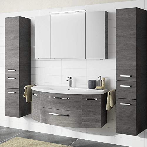 Lomadox Badmöbel Komplettset Graphit Strukur, 120cm Waschtisch mit Unterschrank, LED-Spiegelschrank & 2 Hochschränke - montierte Möbel von Lomadox