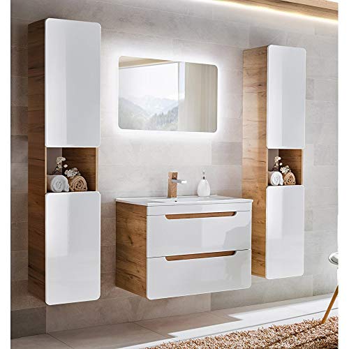 Lomadox Badmöbel Set, Hochglanz weiß mit Wotan Eiche Nb., 81 cm Waschtisch-Unterschrank mit Keramik-Waschbecken, 80 cm LED-Spiegel, Hochschrank mit 2 Türen Lomadox Badmöbel Set, Hochglanz weiß mit Wotan Eiche Nb., 81 cm Waschtisch-Unterschrank mit Keramik-Waschbecken, 80 cm LED-Spiegel, Hochschrank mit 2 Türen von Lomadox