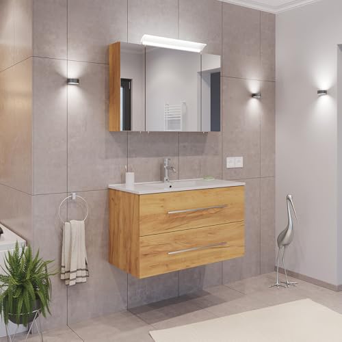 Lomadox Badezimmermöbel Badmöbel Set 2-teilig, Waschtisch Waschplatz 90cm breit mit Waschbecken, 2 Softclose-Schubladen und LED Spiegel, in Eiche Lomadox Badezimmermöbel Badmöbel Set 2-teilig, Waschtisch Waschplatz 90cm breit mit Waschbecken, 2 Softclose-Schubladen und LED Spiegel, in Eiche von Lomadox