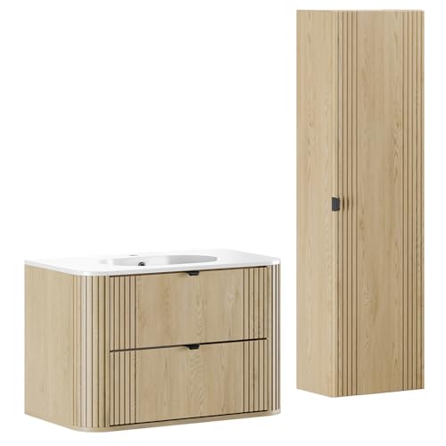 Lomadox Badmöbel-Set 2-teilig Waschtisch 80 cm mit Keramik Waschbecken & Hochschrank in Eiche, Rillen, Softclose, Metallgriffe, abgerundete Kanten Lomadox Badmöbel-Set 2-teilig Waschtisch 80 cm mit Keramik Waschbecken & Hochschrank in Eiche, Rillen, Softclose, Metallgriffe, abgerundete Kanten von Lomadox