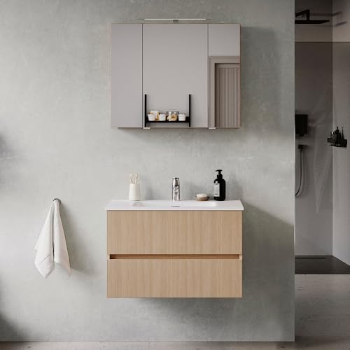 Lomadox Badmöbel-Set 2-teilig mit Waschtisch 80 cm breit mit Keramikwaschbecken und Spiegelschrank mit Aufsatzleuchte in Eiche hell Lomadox Badmöbel-Set 2-teilig mit Waschtisch 80 cm breit mit Keramikwaschbecken und Spiegelschrank mit Aufsatzleuchte in Eiche hell von Lomadox