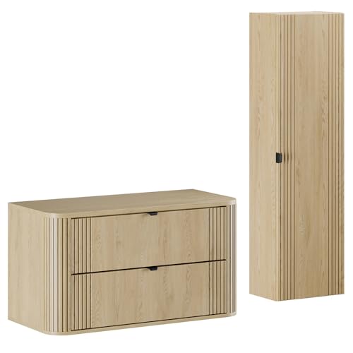 Lomadox Badmöbel-Set 2-teilig mit Waschtischunterschrank 100 cm mit Waschtischplatte und Hochschrank in Eiche, gerillt, Softclose, Metallgriffe, abgerundete Kanten Lomadox Badmöbel-Set 2-teilig mit Waschtischunterschrank 100 cm mit Waschtischplatte und Hochschrank in Eiche, gerillt, Softclose, Metallgriffe, abgerundete Kanten von Lomadox