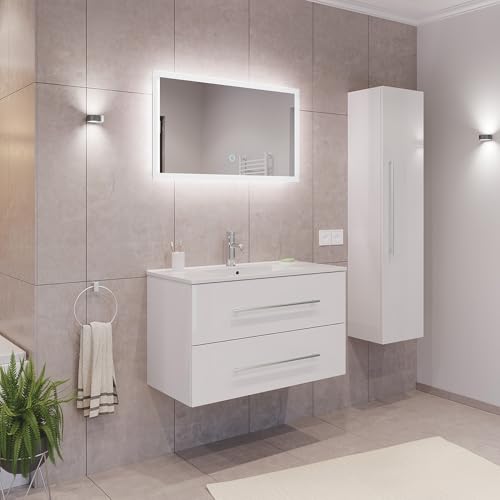 Lomadox Badezimmermöbel Badmöbel Set 2-teilig, Waschtisch Waschplatz 90cm breit mit Waschbecken, 2 Softclose-Schubladen und LED Spiegel, in weiß von Lomadox
