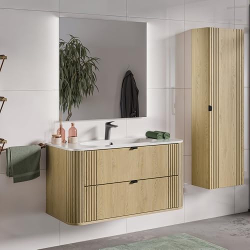 Lomadox Badmöbel-Set 3-teilig Waschtisch 100 cm mit Keramik Waschbecken, LED Spiegel und Hochschrank in Eiche, gerillt, abgerundete Kanten, Softclose, Metallgriffe Lomadox Badmöbel-Set 3-teilig Waschtisch 100 cm mit Keramik Waschbecken, LED Spiegel und Hochschrank in Eiche, gerillt, abgerundete Kanten, Softclose, Metallgriffe von Lomadox