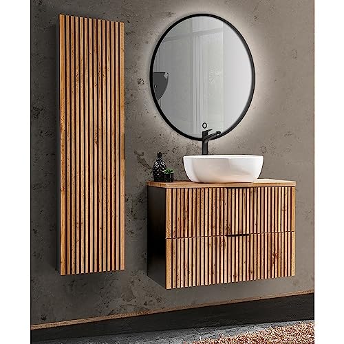 Lomadox Badmöbel Set 3-teilig anthrazit Wotan Eiche Nb. schwarz gerillt Waschtisch Unterschrank 80 cm Hochschrank LED Spiegel rund B/H/T 130/200/46,5 cm Lomadox Badmöbel Set 3-teilig anthrazit Wotan Eiche Nb. schwarz gerillt Waschtisch Unterschrank 80 cm Hochschrank LED Spiegel rund B/H/T 130/200/46,5 cm von Lomadox