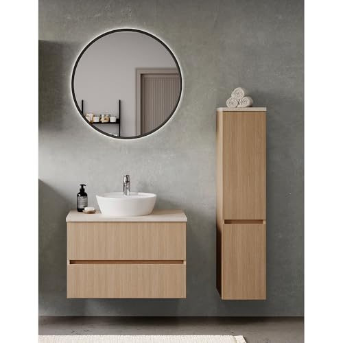 Lomadox Badmöbel-Set 3-teilig in Eiche hell mit Sandsteinoptik, Waschtisch mit Aufsatzbecken 80 cm breit, LED-Spiegel, Midischrank (stehend oder wandhängend montierbar) von Lomadox