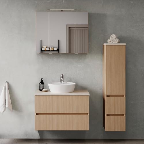 Lomadox Badmöbel-Set 3-teilig in Eiche hell mit Sandsteinoptik, Waschtisch mit Aufsatzwaschbecken 80 cm breit, Midischrank (stehend oder hängend montierbar), Spiegelschrank mit Aufsatzleuchte von Lomadox