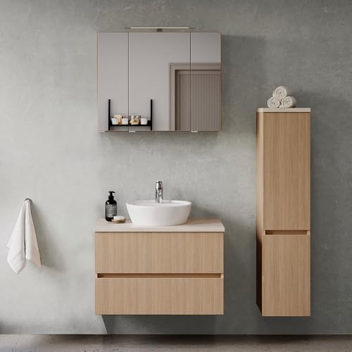 Lomadox Badmöbel-Set 3-teilig in Eiche hell mit Sandsteinoptik, Waschtisch mit Aufsatzwaschbecken 80 cm breit, Midischrank (stehend oder hängend montierbar), Spiegelschrank mit Aufsatzleuchte von Lomadox