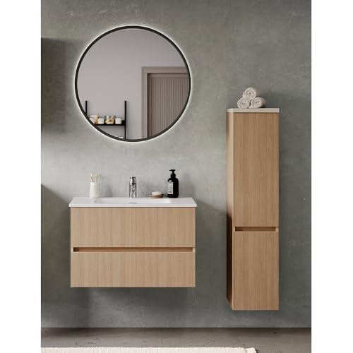 Lomadox Badmöbel-Set 3-teilig in Eiche hell mit Sandsteinoptik, Waschtisch mit Keramikwaschbecken 80 cm breit, LED-Spiegel, Midischrank (stehend oder wandhängend montierbar) von Lomadox