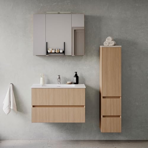 Lomadox Badmöbel-Set 3-teilig in Eiche hell mit Sandsteinoptik, Waschtisch mit Keramikwaschbecken 80 cm breit, Midischrank (stehend oder hängend montierbar), Spiegelschrank mit Aufsatzleuchte von Lomadox