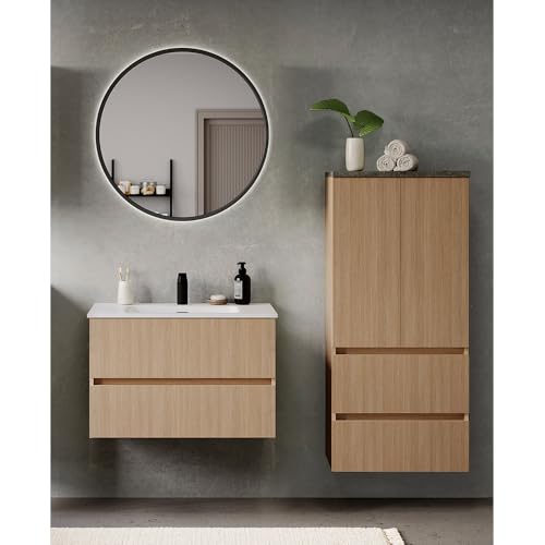 Lomadox Badmöbel-Set 3-teilig in Eiche hell mit Steinoptik dunkel, Waschtisch mit Keramikwaschbecken 80 cm breit, LED-Spiegel, Midischrank (stehend oder wandhängend montierbar) von Lomadox