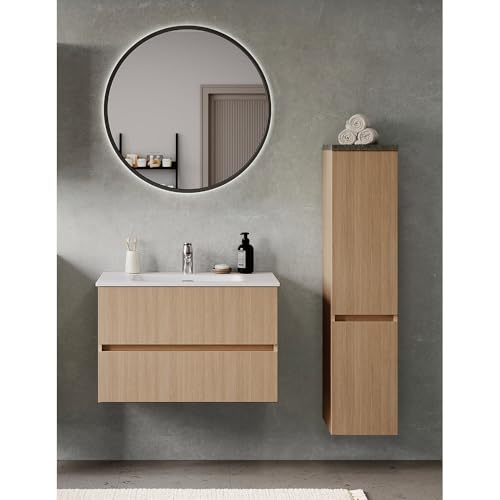 Lomadox Badmöbel-Set 3-teilig in Eiche hell mit Steinoptik dunkel, Waschtisch mit Keramikwaschbecken 80 cm breit, LED-Spiegel, Midischrank (stehend oder wandhängend montierbar) von Lomadox