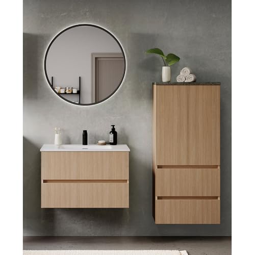Lomadox Badmöbel-Set 3-teilig in Eiche hell mit Steinoptik dunkel, Waschtisch mit Keramikwaschbecken 80 cm breit, LED-Spiegel, Midischrank (stehend oder wandhängend montierbar) von Lomadox
