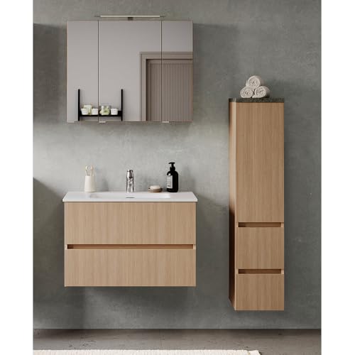 Lomadox Badmöbel-Set 3-teilig in Eiche hell mit Steinoptik dunkel, Waschtisch mit Keramikwaschbecken 80 cm breit, Midischrank (stehend oder hängend montierbar), Spiegelschrank mit Aufsatzleuchte von Lomadox