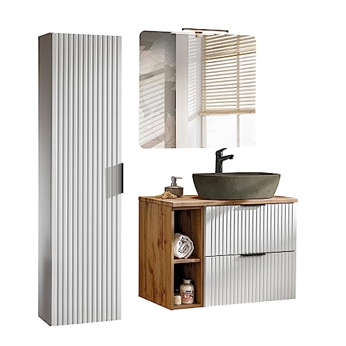 Lomadox Badmöbel Set 3-teilig mit 80cm Waschtisch, weiß mit gerillter Front und Eiche Nb. | 1 Hochschrank, 1 Spiegel mit LED-Aufsatzleuchte, 1 Waschtisch mit Keramik-Waschbecken Lomadox Badmöbel Set 3-teilig mit 80cm Waschtisch, weiß mit gerillter Front und Eiche Nb. | 1 Hochschrank, 1 Spiegel mit LED-Aufsatzleuchte, 1 Waschtisch mit Keramik-Waschbecken von Lomadox