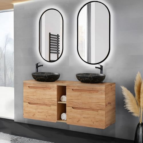 Lomadox Badmöbel-Set 3-teilig mit Doppelwaschtisch 140 cm Keramik Aufsatzwaschbecken LED-Spiegel in Wotan Eiche modern Lomadox Badmöbel-Set 3-teilig mit Doppelwaschtisch 140 cm Keramik Aufsatzwaschbecken LED-Spiegel in Wotan Eiche modern von Lomadox