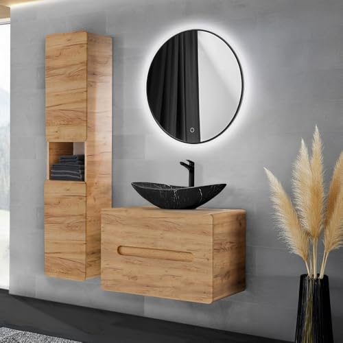 Lomadox Badmöbel-Set 3-teilig mit Waschtisch 80 cm LED Spiegel Hochschrank in Wotan Eiche Lomadox Badmöbel-Set 3-teilig mit Waschtisch 80 cm LED Spiegel Hochschrank in Wotan Eiche von Lomadox
