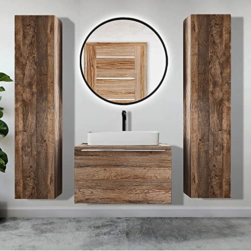 Lomadox Badmöbel Set 4 -teilig Vintage Oak Eiche Badezimmer Komplettset: LED-Spiegel, Waschtisch mit 80cm Unterschrank, 2 Hochschränke von Lomadox
