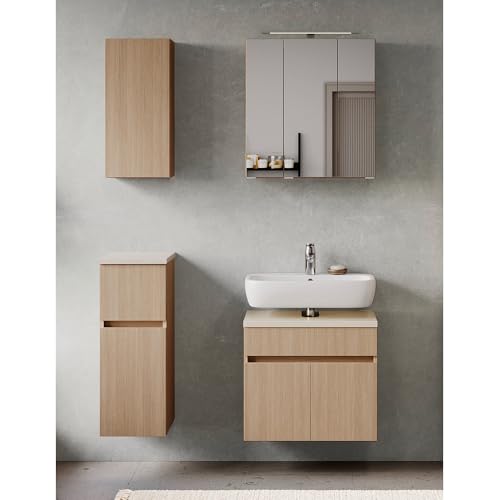 Lomadox Badmöbel-Set 4-teilig in Eiche hell mit Sandsteinoptik, Waschbeckenunterschrank 60 cm breit, Spiegelschrank mit Aufsatzleuchte, Hängeschrank und Unterschrank - stehend/wandhängend montierbar von Lomadox