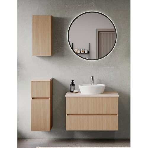 Lomadox Badmöbel-Set 4-teilig in Eiche hell mit Sandsteinoptik, Waschtisch mit Aufsatzbecken 80 cm breit, LED-Spiegel, Hängeschrank und Unterschrank (stehend oder wandhängend montierbar) von Lomadox