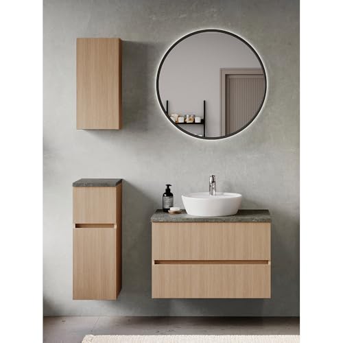 Lomadox Badmöbel-Set 4-teilig in Eiche hell mit Steinoptik dunkel, Waschtisch mit Aufsatzbecken 80 cm breit, LED-Spiegel, Hängeschrank und Unterschrank (stehend oder wandhängend montierbar) von Lomadox