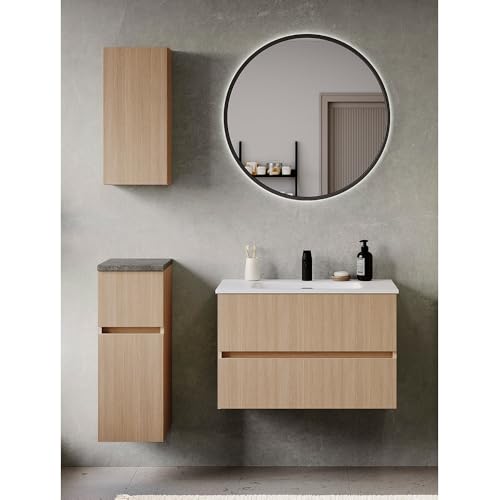 Lomadox Badmöbel-Set 4-teilig in Eiche hell mit Steinoptik dunkel, Waschtisch mit Keramikwaschbecken 80 cm breit, LED-Spiegel, Hängeschrank und Unterschrank (stehend oder wandhängend montierbar) von Lomadox