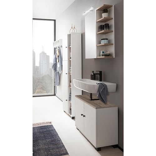 Lomadox Badmöbel Set 4-teilig in weiß mit Eiche, Spiegelschrank, Waschbecken Unterschrank, Hochschrank, Wandregal von Lomadox