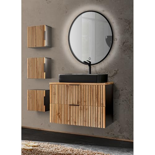 Lomadox Badmöbel Set 5 teilig Rillen MDF Fronten Waschtisch Unterschrank 80 cm Keramik Waschbecken 3 Hängeschränke Spiegel Beleuchtung anthrazit Eiche Nb. schwarz von Lomadox