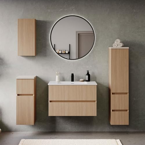 Lomadox Badmöbel-Set 5-teilig in Eiche hell mit Sandsteinoptik, Waschtisch mit Keramikwaschbecken 80 cm breit, LED-Spiegel, Hängeschrank, Unterschrank und Midischrank - stehend/wandhängend montierbar von Lomadox