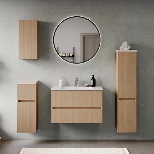 Lomadox Badmöbel-Set 5-teilig in Eiche hell mit Sandsteinoptik, Waschtisch mit Keramikwaschbecken 80 cm breit, LED-Spiegel, Hängeschrank, Unterschrank und Midischrank - stehend/wandhängend montierbar Lomadox Badmöbel-Set 5-teilig in Eiche hell mit Sandsteinoptik, Waschtisch mit Keramikwaschbecken 80 cm breit, LED-Spiegel, Hängeschrank, Unterschrank und Midischrank - stehend/wandhängend montierbar von Lomadox