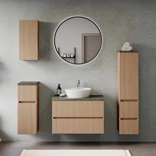 Lomadox Badmöbel-Set 5-teilig in Eiche hell mit Steinoptik dunkel, Waschtisch mit Aufsatzbecken 80 cm breit, LED-Spiegel, Hängeschrank, Unterschrank und Midischrank - stehend/wandhängend montierbar von Lomadox