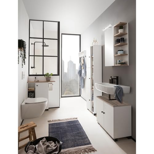 Lomadox Badmöbel Set 5-teilig in weiß mit Eiche, Spiegelschrank, Waschbecken Unterschrank, Hochschrank, Wandregal, Seitenschrank von Lomadox