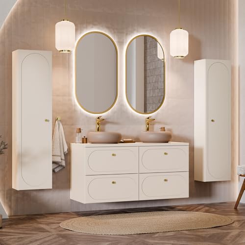 Lomadox Badmöbel-Set 5-teilig mit 120 cm Waschtisch, 2 LED-Spiegeln und 2 Hochschränken in sandbeige mit goldenen Knopfgriffen, wandhängend Lomadox Badmöbel-Set 5-teilig mit 120 cm Waschtisch, 2 LED-Spiegeln und 2 Hochschränken in sandbeige mit goldenen Knopfgriffen, wandhängend von Lomadox