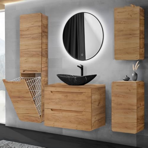 Lomadox Badmöbel-Set 5-teilig mit Waschtisch 80 cm Keramik Aufsatzwaschbecken Hochschrank mit Wäschekorb Hängeschrank Unterschrank in Wotan Eiche Lomadox Badmöbel-Set 5-teilig mit Waschtisch 80 cm Keramik Aufsatzwaschbecken Hochschrank mit Wäschekorb Hängeschrank Unterschrank in Wotan Eiche von Lomadox