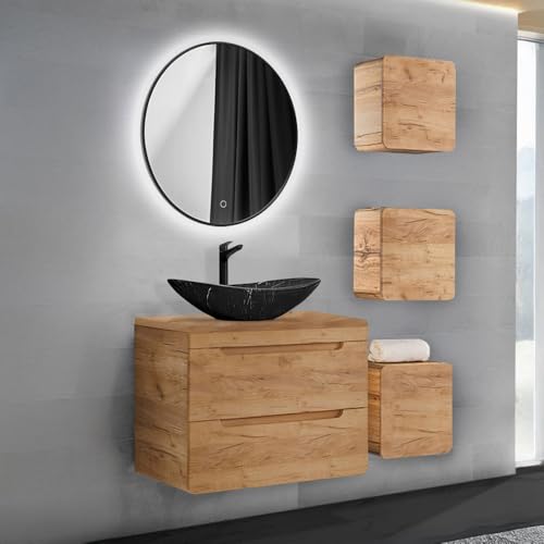 Lomadox Badmöbel-Set 5-teilig mit Waschtisch 80 cm Keramik Aufsatzwaschbecken LED-Spiegel Hängeschränke in Wotan Eiche von Lomadox