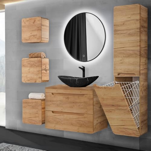 Lomadox Badmöbel-Set 6-teilig mit Waschtisch 80 cm Keramik Aufsatzwaschbecken Hochschrank mit Wäschekorb Hängeschränke in Wotan Eiche Lomadox Badmöbel-Set 6-teilig mit Waschtisch 80 cm Keramik Aufsatzwaschbecken Hochschrank mit Wäschekorb Hängeschränke in Wotan Eiche von Lomadox