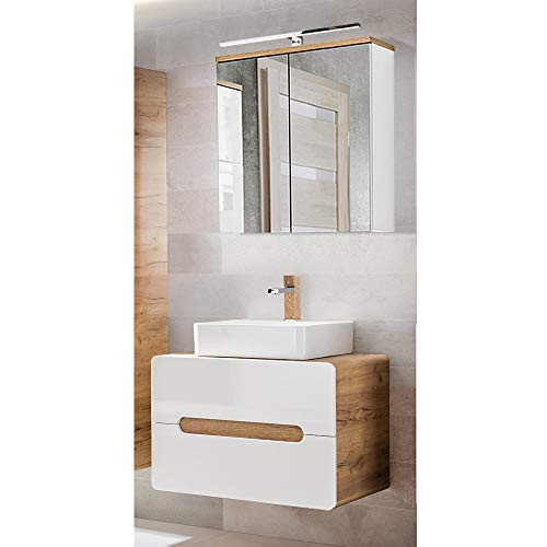 Lomadox Badmöbel Set 80 cm Waschtischunterschrank in Hochglanz weiß mit Wotan Eiche Nb., mit 50 cm Keramik-Waschbecken, LED-Spiegelschrank von Lomadox