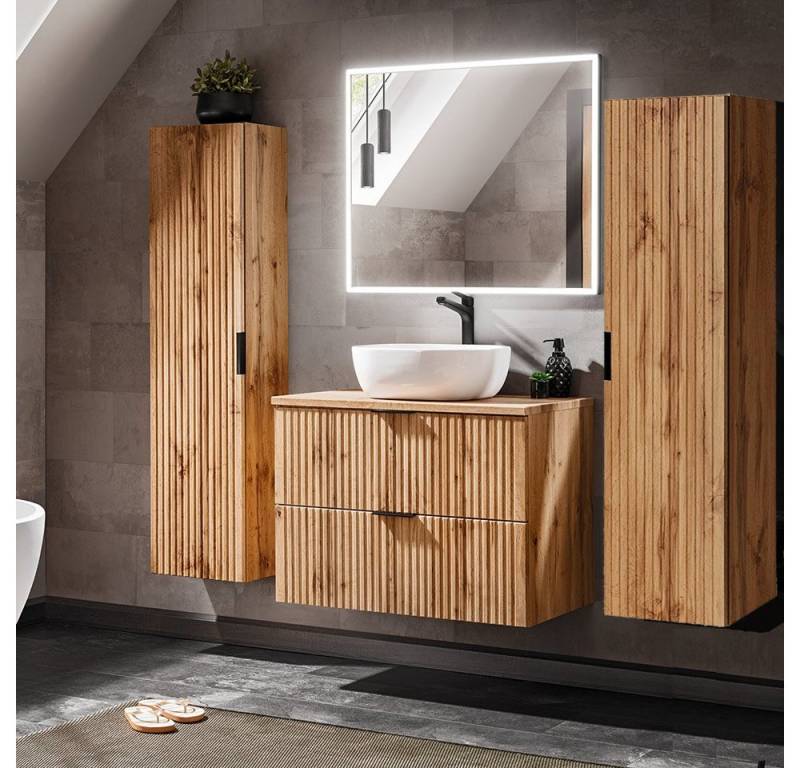 Lomadox Badmöbel-Set ADELAIDE-56, (Spar-Set, 4-St), Rillenoptik LED-Spiegel & Waschtisch, Keramikbecken 2 Hochschränke von Lomadox