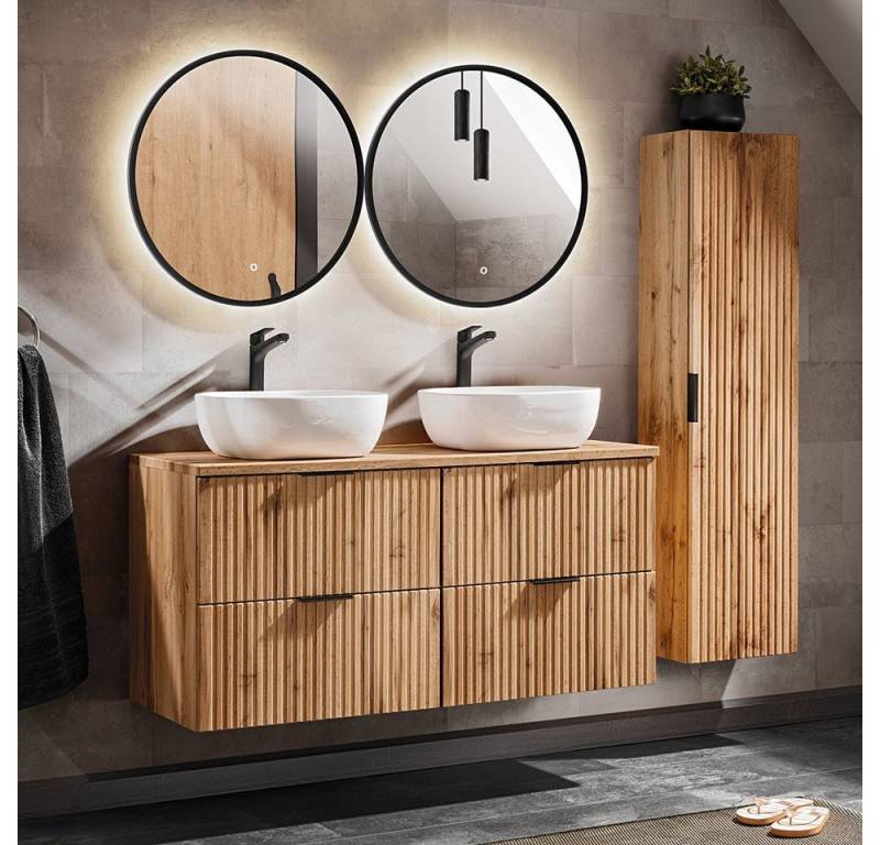 Lomadox Badmöbel-Set ADELAIDE-56, (Spar-Set, 4-St), mit 121cm Waschtisch Wotaneiche Rillenoptik 170/200/46,5 cm von Lomadox