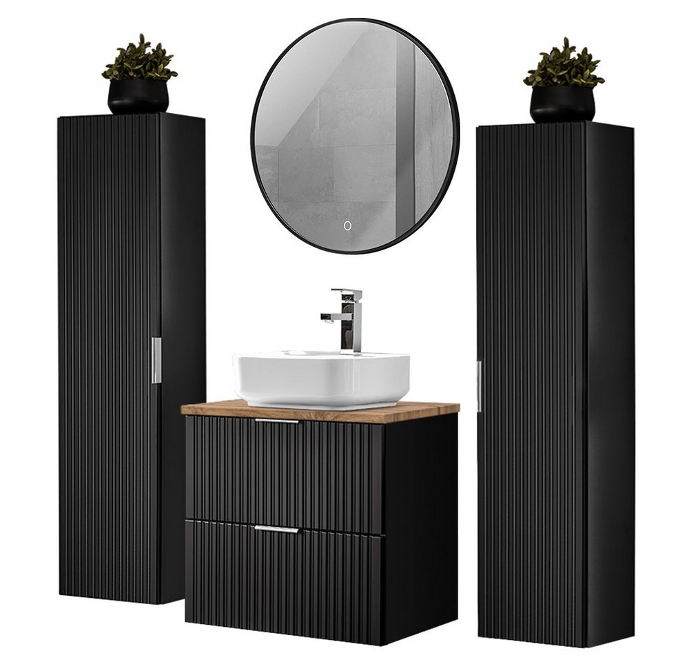Lomadox Badmöbel-Set ADELAIDE-56-BLACK, (Spar-Set, 4-St), schwarz matt und Eiche, mit Waschbecken, LED Spiegel & 2 Hochschränke von Lomadox